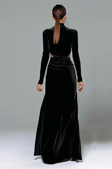 Black Velvet Cut Out High Neck Long Sleeve Formal Dress with Slit